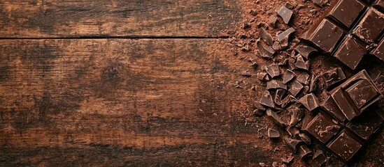 Leinwandbilder - Chopped dark chocolate and chocolate shavings on a wooden table. with copy space image. Place for adding text or design