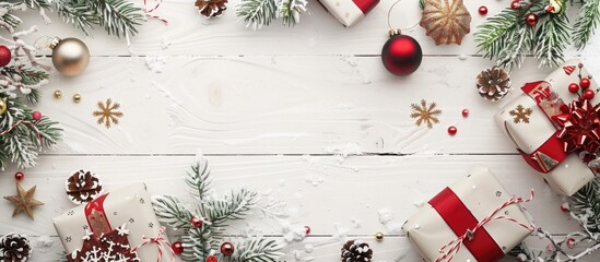 Aufkleber - Various Christmas items are arranged on a white wooden background Winter holidays New Year greeting card Long banner. with copy space image. Place for adding text or design