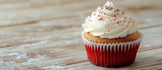 Poster - Attractive cupcake on a light wood surface. with copy space image. Place for adding text or design