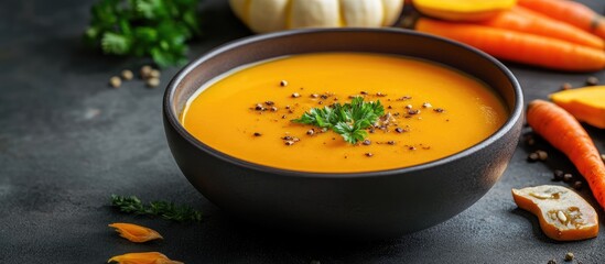 Aufkleber - Healthy food and clean eating concept Creamy pumpkin and carrot soup made with seasonal spicy fall vegetables accompanied by ingredients on a table Copy space background