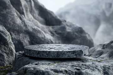 A circular stone slab resting on rugged terrain amidst rocky formations.