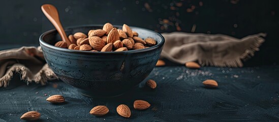 Fototapete - Almonds in a white porcelain bowl with a wooden spoon on a wooden table against a dark black background along with copy space for text