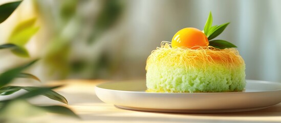 Poster - Pandan Cake topped with golden egg yolk thread on the table. with copy space image. Place for adding text or design