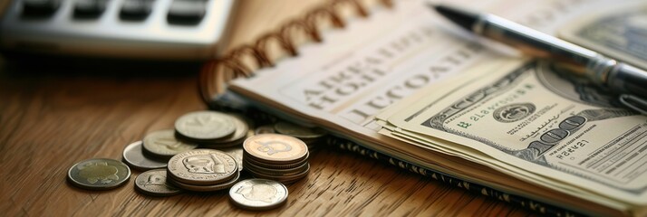 Aufkleber - Cash and coins are arranged beside an open notebook filled with calculations, indicating a session of financial planning or budgeting. Generative AI
