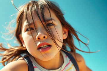 Canvas Print - Young girl with windblown hair looking up