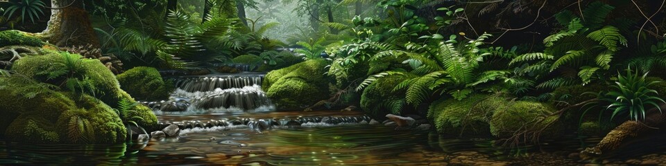 Wall Mural - A gentle stream winding through a thick evergreen forest, featuring clear water, moss-covered stones, lush ferns, and vivid plant life in close proximity, highlighting the natural textures of this