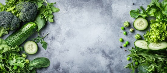 Aufkleber - Background featuring a variety of green vegetables including salad broccoli cucumber peas and Brussels sprouts on a light gray stone tabletop Healthy food concept with copy space