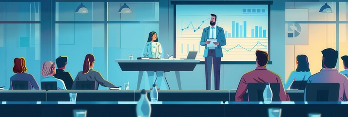 Poster - A financial expert presents key insights in a contemporary conference room while attendees focus on the informative session. Generative AI