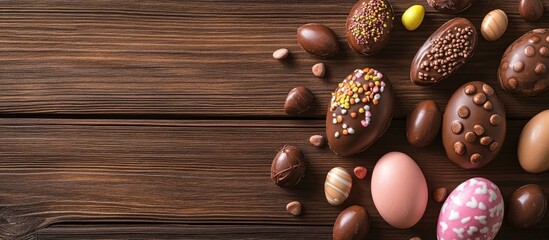 Poster - chocolate Easter eggs and treats on a wooden background. with copy space image. Place for adding text or design