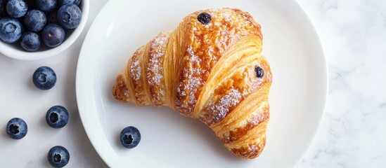 Poster - Blueberry Danish Croissant on a white table served at the cafe. with copy space image. Place for adding text or design