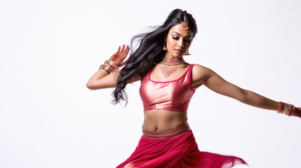 Wall Mural - young indian woman dancing on white background