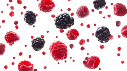 Fruit mix with raspberries, blueberries, and blackberries from top view isolated on background, excellent for garnishing desserts or foods.