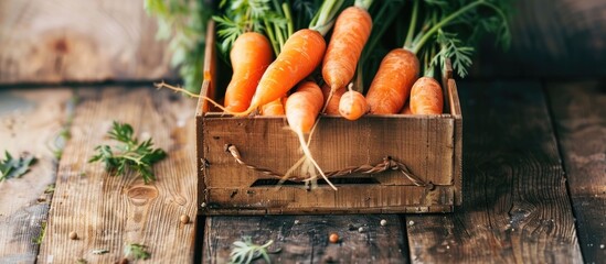 Poster - A group of orange carrots in a wooden box on a wooden table prepared for cooking or sale. with copy space image. Place for adding text or design