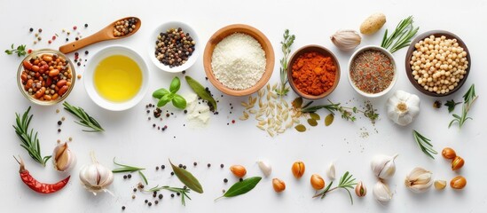 Canvas Print - Cooking ingredients for food arranged on a white background from a top view. with copy space image. Place for adding text or design