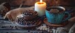 © vxnaghiyev - grains and a cup of coffee alongside a candle. with copy space image. Place for adding text or design