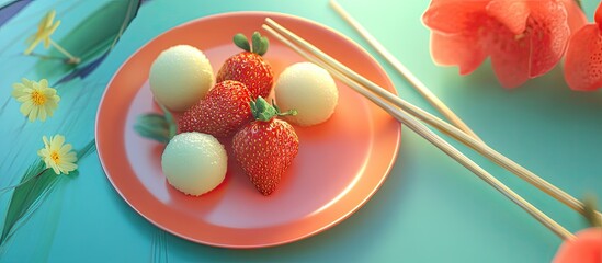 Leinwandbilder - Plate featuring tasty mochi strawberries and chopsticks on a colorful background. with copy space image. Place for adding text or design
