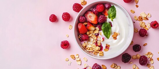 Wall Mural - Nutritious breakfast with fruit berries flakes and yogurt Berries and fruit flakes Copy space