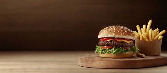 Leinwandbilder - Two grilled hamburger patties with fries served on a wooden plate. with copy space image. Place for adding text or design
