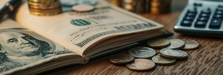 Aufkleber - A stack of cash and coins accompany an open notebook filled with detailed notes and calculations to track financial activities and expenses. Generative AI