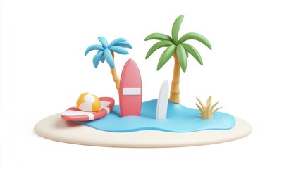 Wall Mural - Summer pink vacation beach with a surfboard, island, and s background concept. Product mock-up or cosmetics display with a summer pink theme. 3d rendering.