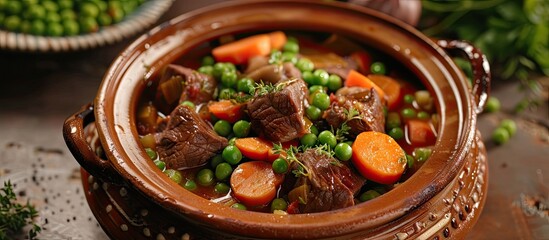 Fototapete - Traditional Moroccan tajine featuring beef with carrots and peas. with copy space image. Place for adding text or design