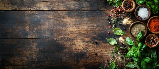 Canvas Print - Food background on a dark brown wooden table Herbs and spices on an antique wooden tabletop top view Copyspace for text Cooking ingredients