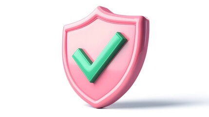 
cartoon 3d Icon safety shield green check mark perspective . pink symbol security safety icon. Green Checkmark in minimalistic style. 3d vector illustration. white background