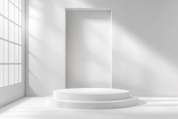 Wall Mural - White podium with shadows of windows and roof for product presentation and brand advertising. Empty scene for mockup.