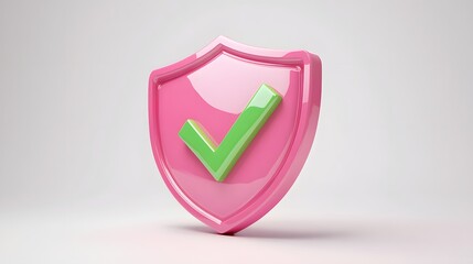 
cartoon 3d Icon safety shield green check mark perspective . pink symbol security safety icon. Green Checkmark in minimalistic style. 3d vector illustration. white background