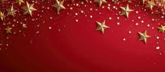 Fototapete - gold stars on a red backdrop copyspace card