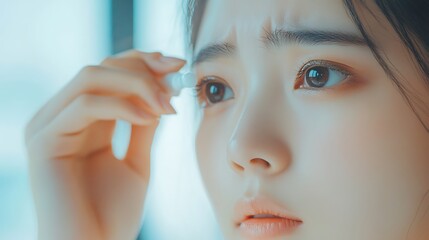 Wall Mural - Close-up portrait of a young woman with brown eyes, applying eye drops.