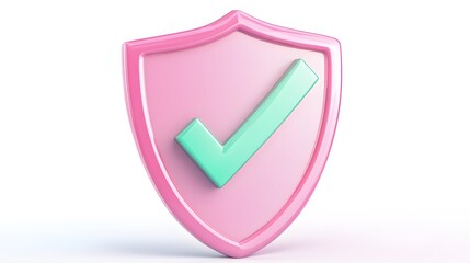 
cartoon 3d Icon safety shield green check mark perspective . pink symbol security safety icon. Green Checkmark in minimalistic style. 3d vector illustration. white background