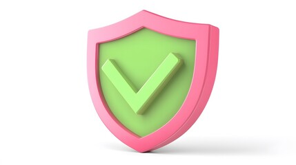 
cartoon 3d Icon safety shield green check mark perspective . pink symbol security safety icon. Green Checkmark in minimalistic style. 3d vector illustration. white background