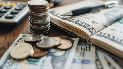 Aufkleber - A collection of cash, coins, and an open notebook displaying written calculations and notes on personal finances. Generative AI