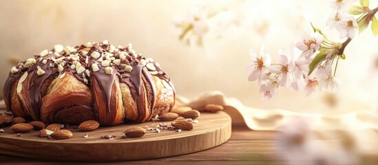 Fototapete - Delicious chocolate and almond babka for springtime. with copy space image. Place for adding text or design