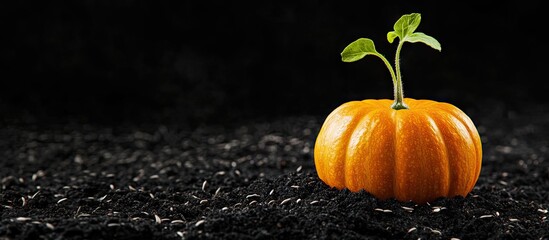 pumpkin with sprouting seeds on a black background. with copy space image. Place for adding text or design