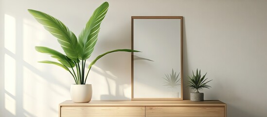 Plant on a wooden cabinet positioned between a mirror and a rack in a contemporary anteroom with a poster Real photo. with copy space image. Place for adding text or design