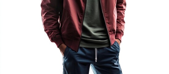 Men s dark red bomber jacket dark green shirt and dark blue sports shorts isolated on a white background Stylish casual attire. with copy space image. Place for adding text or design