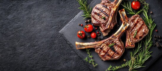 Poster - Homemade Grilled Organic Lamb Chops with Rosemary and Fragrant Herbs. with copy space image. Place for adding text or design