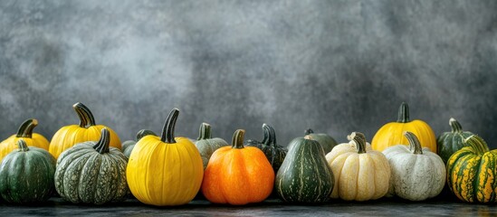 Leinwandbilder - Bunches of squash form a natural border around an empty area with copyspace on the table