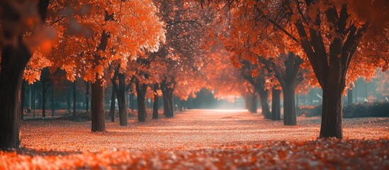 Aufkleber - Autumn trees and leaves landscape Orange color theme featuring nature and a park No people present Scenic outdoor setting Copyspace background wallpaper