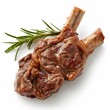 © MINMIN - A close-up of a roasted lamb shank with rosemary sprig on a white background.