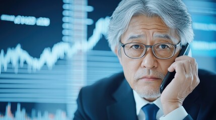 Canvas Print - A man in business suit talking on a cell phone with stock charts behind him, AI