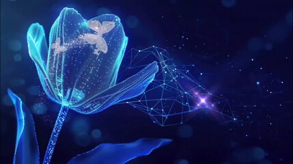 Wall Mural - Digital Butterfly with Neon Flower in Blue Glow. Seamless looping time-lapse 4k video animation background