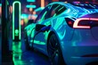 © Avve Diana  - EV electric car charging battery at the station, environmentally friendly, greenery earth, generative AI, EV car clean energy.