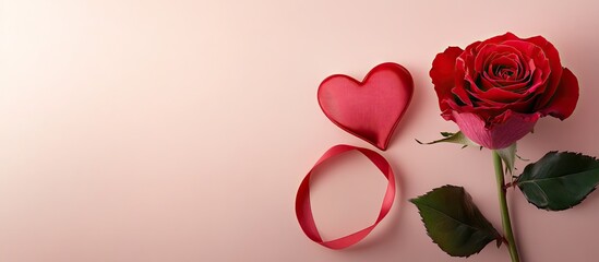 Red rose with a red ribbon shaped like a heart against a pink background Represents Valentine s Day Mother s Day Women s Day and birthdays Greeting card Copyspace Top view