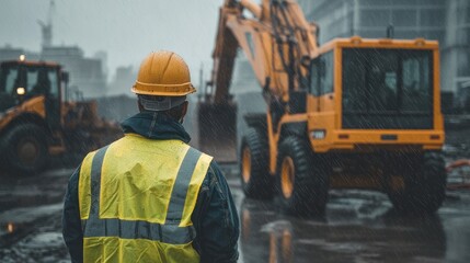 Labour work on construction side in Havey Rain Construction worker is standing in the rain in front of large construction vehicle