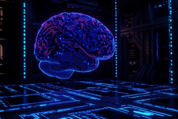 Wall Mural - Stock brain made from metallic with neon lights, neural storage system, generative AI, futuristic technology concept.