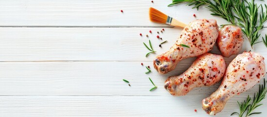 Aufkleber - Raw marinated chicken drumsticks rosemary and a basting brush on a white wooden surface Room for text. with copy space image. Place for adding text or design