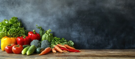 Poster - Close up of fresh farm vegetables arranged on a wooden table alongside a black chalkboard highlighting copy space